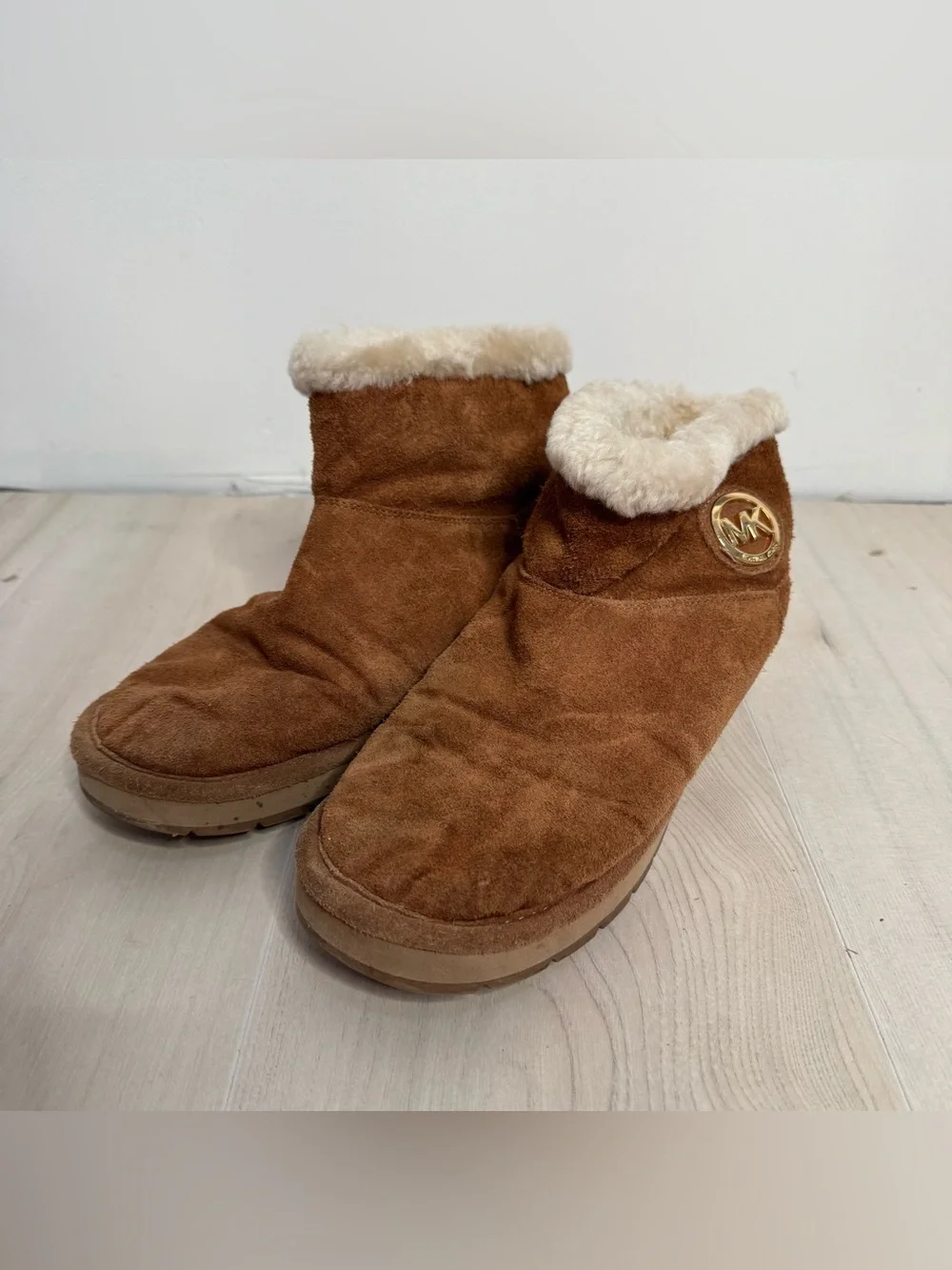 Michael Kors Chestnut Suede-Look Bootie with Cream Shearling and Gold Logo 9M